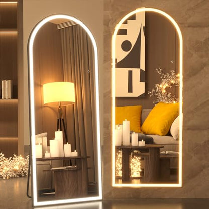 pertetey 81 x 34 in Arched LED Full Length Mirror, Black Frame, Dimmable | Arched Design, Dimmable LED Lighting, 3 Color Modes, Black Frame - size: 81"L x 34"W
