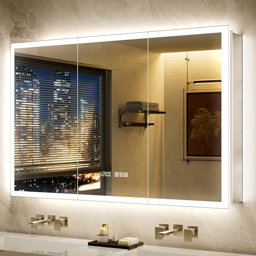 48x30 LED Medicine Cabinet Mirror with Double Lights-Front & Backlit, 155°Soft-close Hinge, Surface or Recessed Dimmable Lighted Medicine Cabinet Mirror with Clock Outlet Inner Light,Anti-fog - size: 48x30'' (Cabinet)