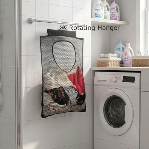ALYER Breathable Mesh Laundry Hamper,Foldable Hanging Closet Storage Basket,Portable Space Saving Dirty Clothes Bag (Black) - color: Black