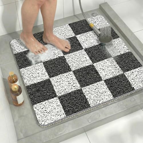 Square Loofah Shower Stall Mat 24"x24", Quick Drying Shower Mats with Drain, PVC Loofah Bath Mat for Wet Room & Bathroom Floor, Soft Textured & Elderly Safe, Washable & Resistant, Black Checkered - color: Black Checkered, size: 24" x 24" (Square)