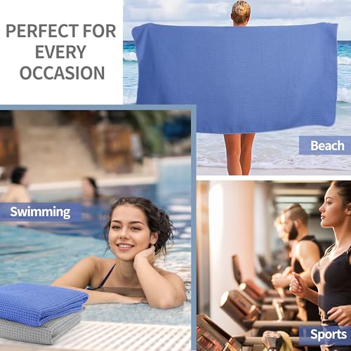 MICROFI New Microfiber Waffle Bath Towels, 2 Pieces, Soft, Absorbent, Fast Drying, Lint Free 430 GSM (30''x60''/76cm x 152cm) - color: Silver+dark Blue