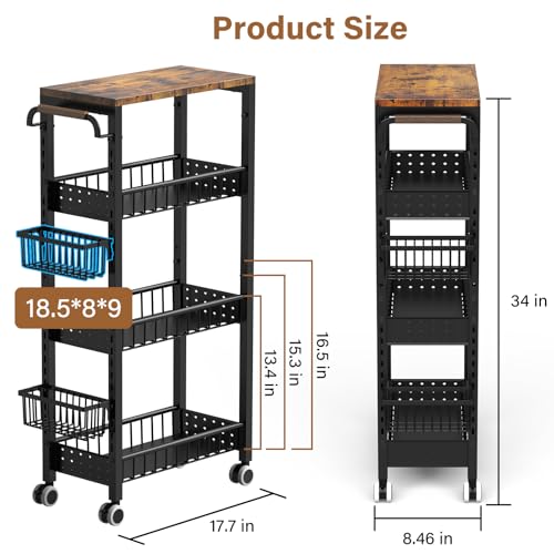 7.8 Inch Ultra-Slim 4-Tier Rolling Storage Cart with Adjustable Shelves | Lockable Wheels & Wooden Top for Narrow Spaces Between Washer/Dryer, Bathroom, Kitchen Organization (Black)