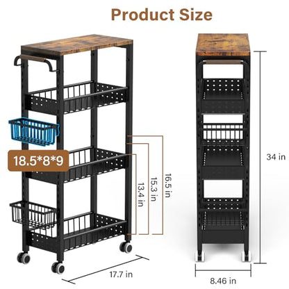 7.8 Inch Ultra-Slim 4-Tier Rolling Storage Cart with Adjustable Shelves | Lockable Wheels & Wooden Top for Narrow Spaces Between Washer/Dryer, Bathroom, Kitchen Organization (Black)