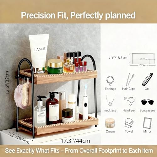 Bathroom Organizer Countertop Tall 2-Tier Waterproof 20+ Bottles 8 Hooks | Tall design for family bathroom/vanity, fits tall perfume/skincare, paulownia wood shelf, 8 hooks keep jewelry tidy, non-slip - color: B-large-black & Light Brown