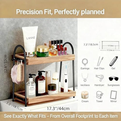 Bathroom Organizer Countertop Tall 2-Tier Waterproof 20+ Bottles 8 Hooks | Tall design for family bathroom/vanity, fits tall perfume/skincare, paulownia wood shelf, 8 hooks keep jewelry tidy, non-slip - color: B-large-black & Light Brown