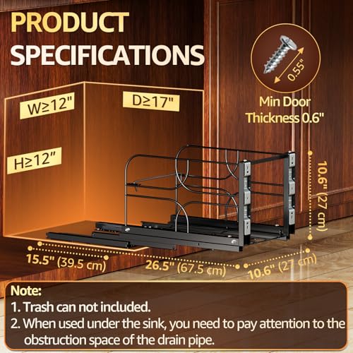 Pull Out Trash Can Under Cabinet, Soft Close Heavy Duty 200LB, Black | Under Sink Trash Can Organizer, Full Extension Slides, Fits 12 W x 17 D Cabinet Opening, Kitchen Cabinet, Can Not Included - color: Black, size: Single