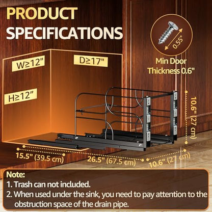 Pull Out Trash Can Under Cabinet, Soft Close Heavy Duty 200LB, Black | Under Sink Trash Can Organizer, Full Extension Slides, Fits 12 W x 17 D Cabinet Opening, Kitchen Cabinet, Can Not Included - color: Black, size: Single
