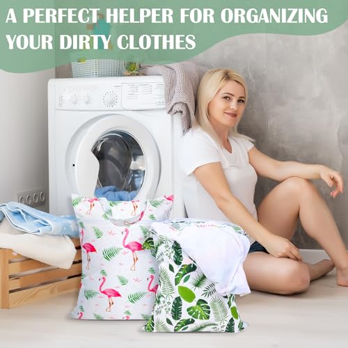 2 Pcs Large Travel Laundry Bags - Waterproof with Handle, Washable Dirty Clothes Bags for Travel, Wet/Dry Bag for Gym, Swimming Pool, College Dorm - color: Green Leaf +Flamingo