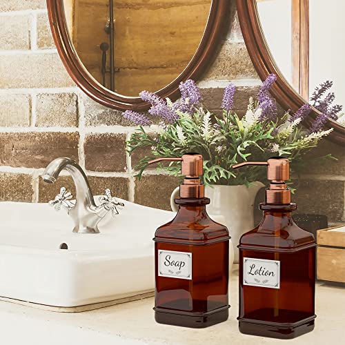 GLADPURE Soap Dispenser 2 Pack, Hand Soap Dispensers with 18 Oz Antique Design Thick Amber Glass Bottle, 316 Rust Proof Stainless Steel Pump, 6Pcs Stickers, for Lotion, Soap - Brushed Copper - color: Brushed Copper