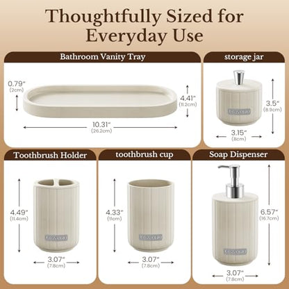 Cream Bathroom Accessory Set 5 Piece with Soap Dispenser, Storage Jar, Bathroom Counter Tray, Toothbrush Holder and Toothbrush Cup, Modern Stone-Effect Bathroom Countertop Decor Bath Sets