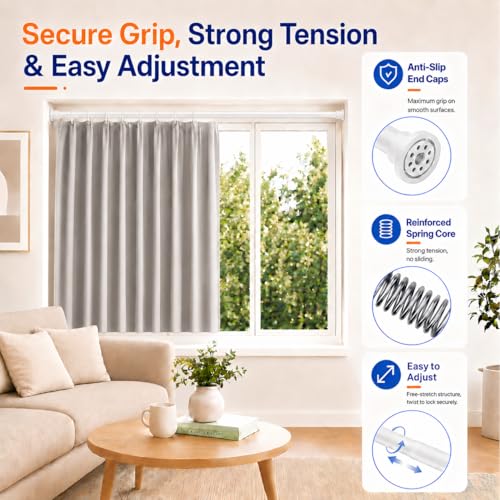 ALLZONE Adjustable Tension Curtain Rod, 2 Pack 42 to 78 Inches, Spring Loaded Curtain Rods No Drilling, Renter Friendly Tension Rod for Windows, Shower, Closet, No Drill, Non-Slip, White - color: White, size: 42-78 Inches 2 Pack