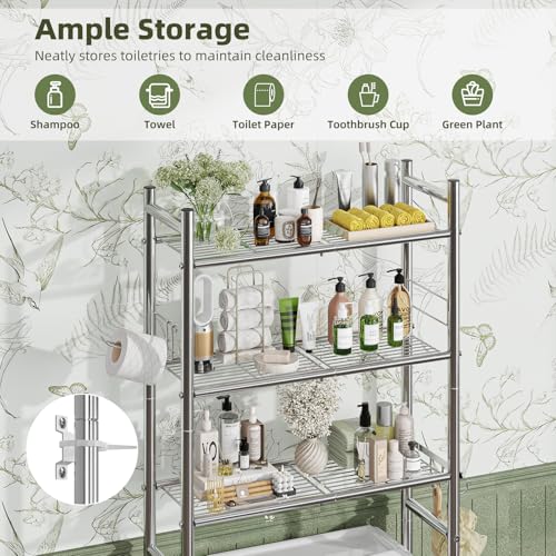Simple Trending 3 Tier Over The Toilet Rack, Bathroom Shelves with 4 Hooks and Paper Holder, Bathroom Stand Organizer Space Saver, Chrome - color: Silver