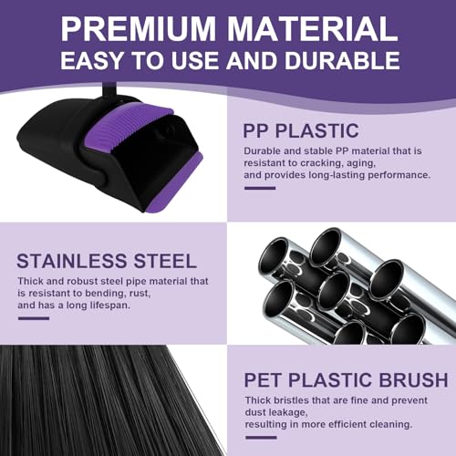 Broom and Dustpan Combo Set, 51" Long Handle Broom with Squeegee | Wet & Dry Cleaning for Pet Areas, Built-in Comb Dustpan, Foldable Space-Saving Storage, Multi-Surface Floor Cleaning - color: Purple