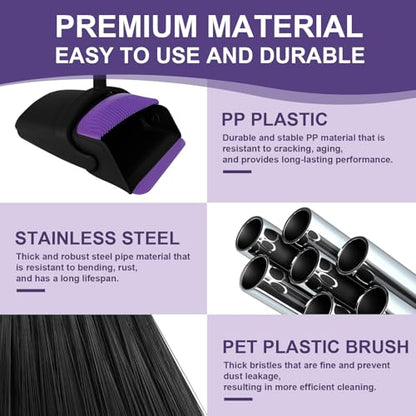 Broom and Dustpan Combo Set, 51" Long Handle Broom with Squeegee | Wet & Dry Cleaning for Pet Areas, Built-in Comb Dustpan, Foldable Space-Saving Storage, Multi-Surface Floor Cleaning - color: Purple