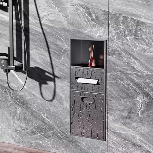 Stainless Steel Recessed Shower Nich with Built-in Trash Can(25.4X11.2IN) | Waterproof Bathroom Niche Toilet Paper Toiletries Storage Rack for Kitchen Living Room Bedroom Hotel Residential - color: Black