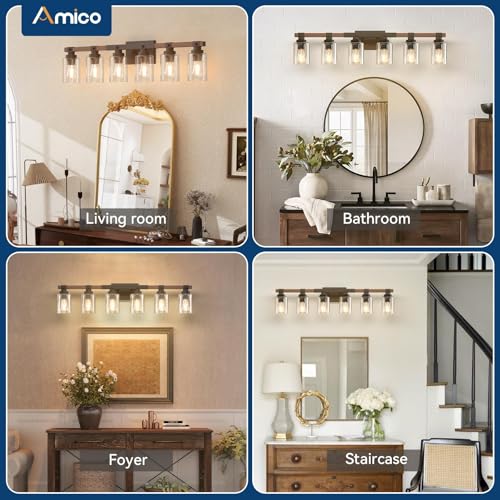 Amico 6-Light Farmhouse Bathroom Vanity Light, Seeded Glass, Black & Wood | Bubble Glass Shade Wall Sconce, Over Mirror Light Fixtures for Bathroom, Bedroom, Living Room, Hallway, Powder Room, Entryway - size: 6-Light