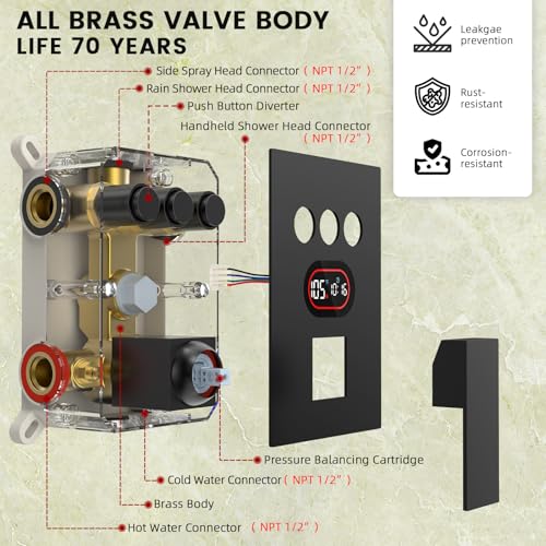 Longriver 3-Push Button Shower Faucet Set Hydro Power Temperature Display | Shower System Wall Mounted 10" & 6" Shower Head with 3-Spary Handheld, Shower Fixtures with Valve and Trim Kit, Matte Black