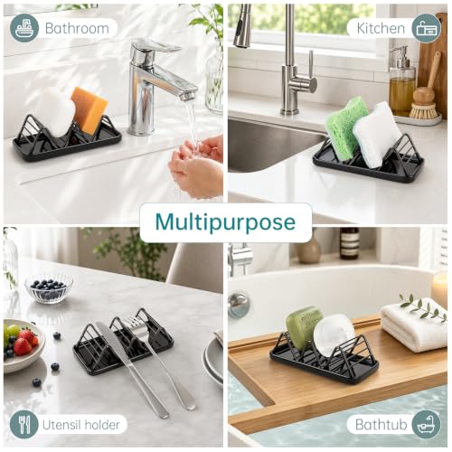 Stainless Steel Soap Dish Draining Soap Holder with Ceramic Tray, Black | Reversible Design Fits 2-3 Bars, Rustproof, Easy to Clean, Space Saving, Non Slip, for Bathroom, Shower, Kitchen - color: Black, size: 6.3" x 3.0"(with tray)