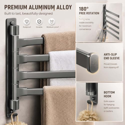 2-5 Arms Swivel Towel Rack Bath Towel Holder with Hook Swing Arm Towel Rack Wall Mount for Bathroom Kitchen-Grey 4Arm - color: Grey, size: 4-arm