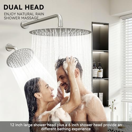 Shower Systems STARBATH 12+6" Round Dual Rainfall Shower Head with Handheld Spray for Two People, Wall Mounted 3 Way Rain Shower Faucet Sets Complete, Included Valve and Trim Kit, Brushed Nickel - color: Brushed Nickel, size: 6+12 inch-05
