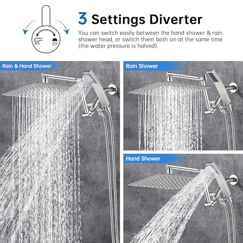 G-Promise All Metal 12 Inches Rainfall Shower Head with Handheld Combo | All Metal, Built to Last, Easy Install, Adjustable Height & Angle for All Heights, Extra Long Hose, Modern Upgrade - color: Brushed Nickel, size: 12 Inches
