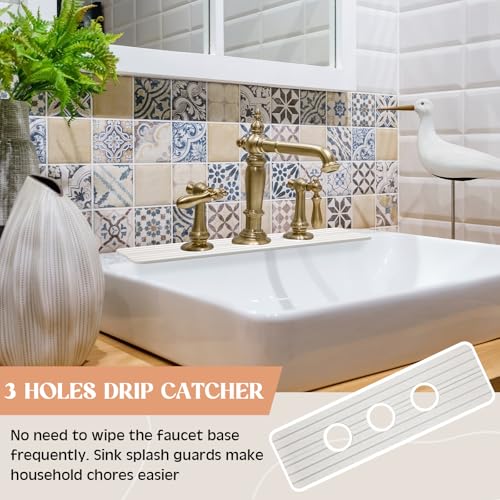 Teenyyou 3 Square Hole White Faucet Mat Kitchen Sink 16.14" x 4.49" | Bathroom Faucet Absorbent Mat,Diatomite Splash Guard,Quick Drying Drip Catcher,Hole 1.97",Holes Spaced About 1.97" - color: White, style: 3 Hole