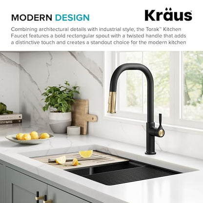 KRAUS Torak Pull Down Kitchen Faucet in Spot-Free Brushed Brass/Matte Black with 2 Function Sprayer, Pre-Attached Water Lines, and Mounting Hardware, KPF-2841SFBBMB - color: Spot Free Brushed Brass/Matte Black, style: Pull-Down Square Arc Faucet