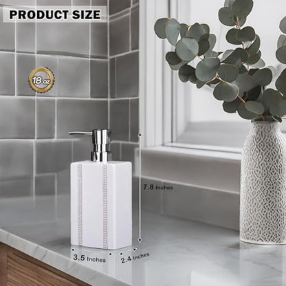18 OZ Hand Liquid&Lotion Soap Dispenser Ceramic White Lotion Pump Bottle for Kitchen Bathroom Countertop Laundry Room Holds Dish Soap Shampoo Laundry Liquid Shower Gel(Inlaid Rhinestone) - color: White3