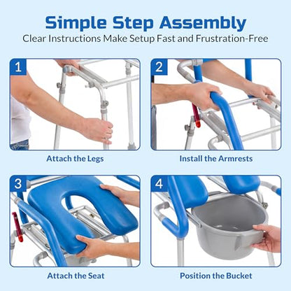 Raised Toilet Seat with Handles, Elevated Toilet Seat Riser for Seniors | Comfortable, Accessible Bedside Toileting - Blue, padded seat, backrest - size: 300lb. Capacity