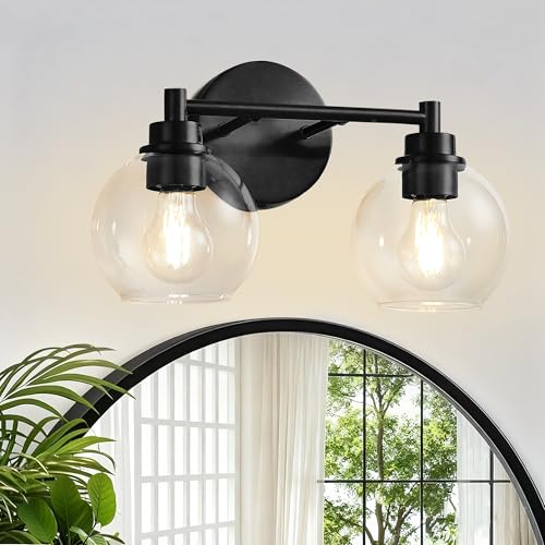Bathroom Light Fixtures, Vanity Lights for Bathroom 2-Light Black, Bathroom Lighting Fixtures Over Mirror with Clear Glass Globe Shade, Bathroom Vanity Light for Living Room Kitchen Bedroom Hallway - color: Black, size: 2-Light