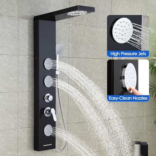ROVOGO Shower Panel Tower System with Led Lights, 5 Shower Modes, 46.5 Inch | Rainfall Mist Shower Head, 3 Body Jets, Handheld, Waterfall Tub Spout, Stainless Steel Shower Column with Mixing Valve, Black - style: 46.5" Black