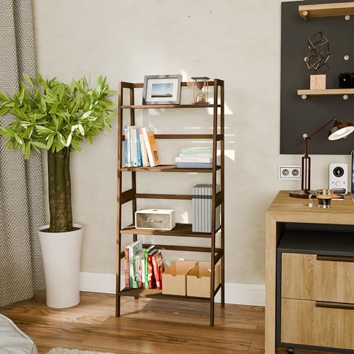HITNET Bathroom Wall Cabinet and Ladder Shelf, Bamboo Over Toilet Hanging Storage Organizer with Adjustable Shelf, Space Saving Leaning Book Shelf, Walnut