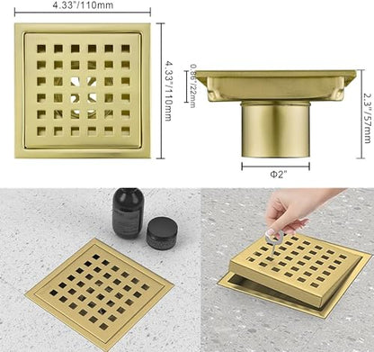 4 inch Square Shower Drain with Removable Cover Grid Grate,SUS 304 Stainless Steel Tile in Floor Drain,Brushed Gold - color: Brushed Gold (Without Drain Base/Adapter)