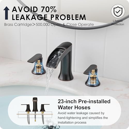 Oil Rubbed Bronze Bathroom Sink Faucet Widespread, 8 Inch Waterfall Faucet Bathroom 3 Hole with Pop-up Drain and cUPC Supply Lines, 2 Handles for Vanity, Restroom, Farmhouse, Brass Material - color: Oil Rubbed Bronze - Farmhouse