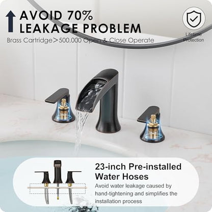 Oil Rubbed Bronze Bathroom Sink Faucet Widespread, 8 Inch Waterfall Faucet Bathroom 3 Hole with Pop-up Drain and cUPC Supply Lines, 2 Handles for Vanity, Restroom, Farmhouse, Brass Material - color: Oil Rubbed Bronze - Farmhouse