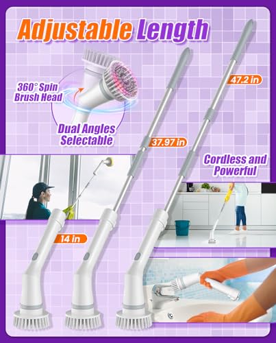 6-in-1 Cordless Electric Spin Scrubber with Long Handle | Power scrubber, bathroom scrubber, 47.2 in long handle, 2 speed scrub brush, IPX7 rated body, kitchen, tile, tub, floor - size: 6heads