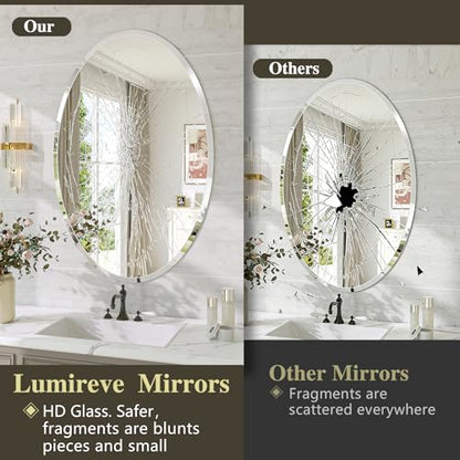 Frameless Oval Mirror, 24"x36" Beveled Bathroom Vanity Mirrors | 20mm beveled edge, 5mm HD glass, frameless, anti-rust, shatterproof, french cleat, horizontally or vertically - size: 24"L x 36"W
