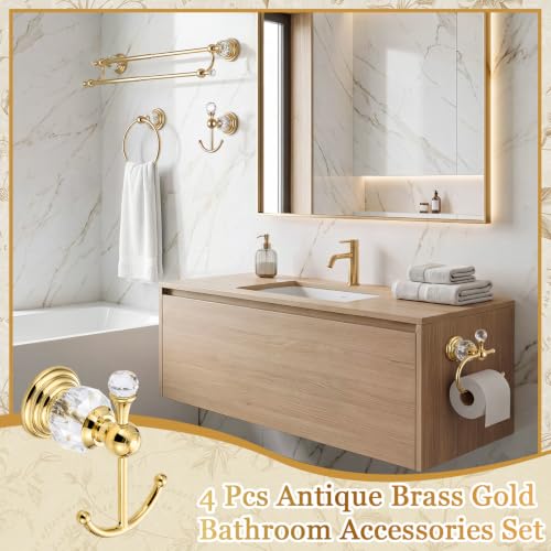 4 Pcs Polished Gold Crystal Bathroom Accessories Set with Adjustable Double Towel Bar & Towel Ring & Toilet Paper Holder & Robe Hook, Wall Mounted Bath Hardware Fixture Set (Style 10) - color: Style 10