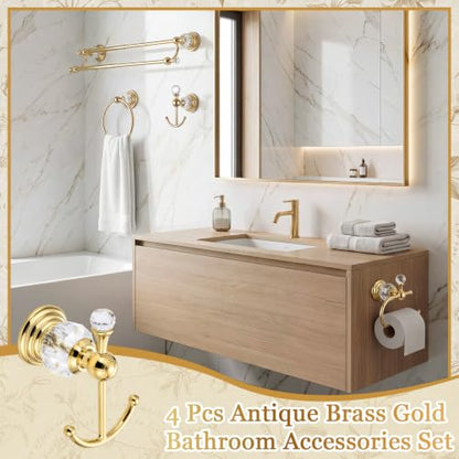 4 Pcs Polished Gold Crystal Bathroom Accessories Set with Adjustable Double Towel Bar & Towel Ring & Toilet Paper Holder & Robe Hook, Wall Mounted Bath Hardware Fixture Set (Style 10) - color: Style 10
