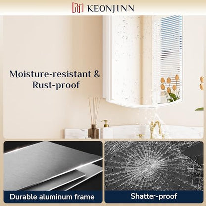 Keonjinn Medicine Cabinet 16 x 26 Inch, Surface Mount or Recessed Cabinets with Mirrors, White Metal Framed Wall Mirror with Storage, 2 Adjustable Shelves, Beveled Edge Frame | Adjustable Shelves, Different Curved Frame Design, Wall Mirror with Storage, S