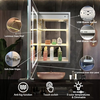 High-End Led Medicine Cabinet,Lighted Medicine Cabinet,3 Colors&Dimmable,Demister,Lighted Glass Shelf,USB Shaver Socket.Surface Mount or Recess Mount,16×24inch - size: 16×24inch