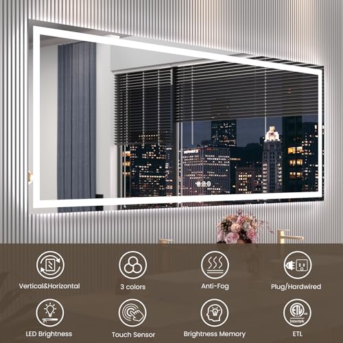 Snowdool 88 x 38 in LED Bathroom Mirror, Front and Backlit, Anti-Fog | Front and Backlit, 3 Color Temperatures, Anti-Fog, Tempered Glass - size: 38"L x 88"W