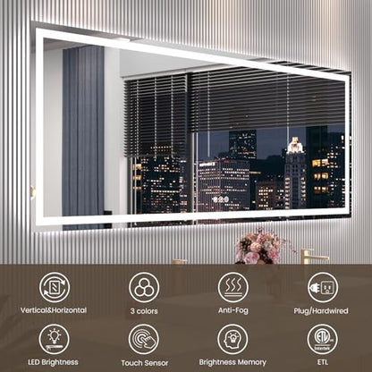 Snowdool 88 x 38 in LED Bathroom Mirror, Front and Backlit, Anti-Fog | Front and Backlit, 3 Color Temperatures, Anti-Fog, Tempered Glass - size: 38"L x 88"W