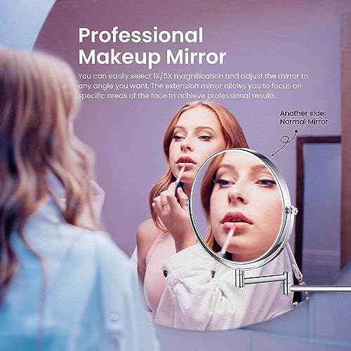 Circular Wall Mount Makeup Mirror, Dual-Sided 1x/5x Magnifying Mirror with Extendable Arm, 360° Swivel, Solid Brass Construction for Durability and Style (Chrome, KMM100) - color: Chrome