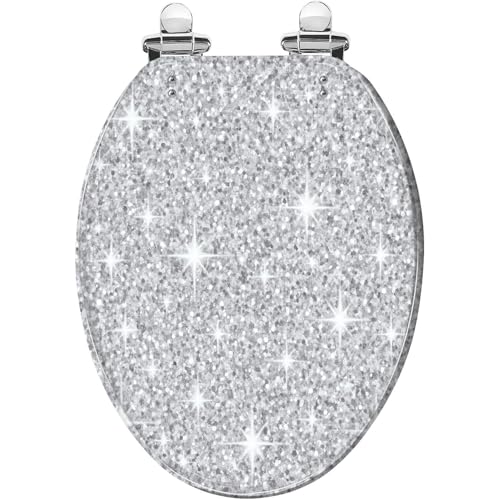 Bathroom Elongated Resin Toilet Seat, Silver Glitter Seamless Texture, Quiet Close, Quick Release Hinges, Decorative, Easy to Install & Clean, with Cover Bumpers (Oblong)