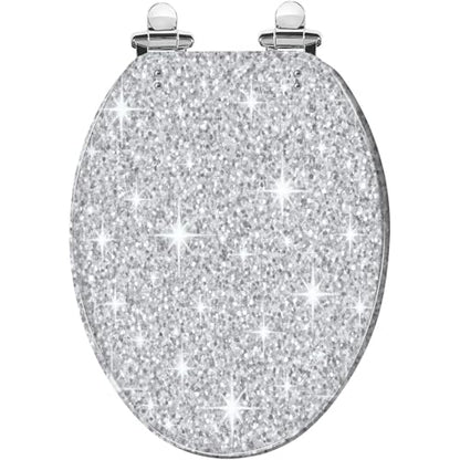 Bathroom Elongated Resin Toilet Seat, Silver Glitter Seamless Texture, Quiet Close, Quick Release Hinges, Decorative, Easy to Install & Clean, with Cover Bumpers (Oblong)