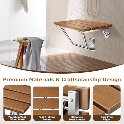 20" Wall Mounted Folding Shower Seat Stainless Steel Frame Space Saving | Teak Foldable Shower Chair for Elderly, Pregnant, Disabled, Kids (Max 500lb) - size: 20 inches Teak shower bench