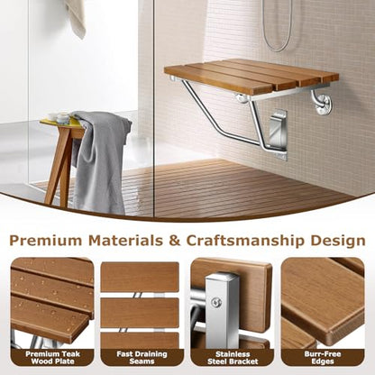 20" Wall Mounted Folding Shower Seat Stainless Steel Frame Space Saving | Teak Foldable Shower Chair for Elderly, Pregnant, Disabled, Kids (Max 500lb) - size: 20 inches Teak shower bench