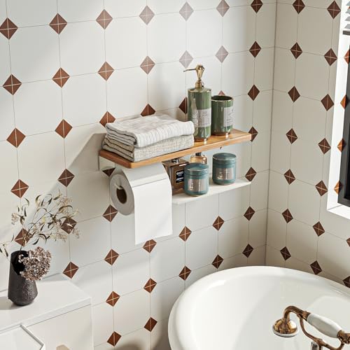 Wall Mounted Double Roll Toilet Paper Holder with Shelf Storage,White | 16" x 5.31" Real Walnut Shelf| Holds 2 Rolls| Protective Top Shelf Keeps Paper Dry| Rust-Resistant Steel Build | Screw Mount - color: White