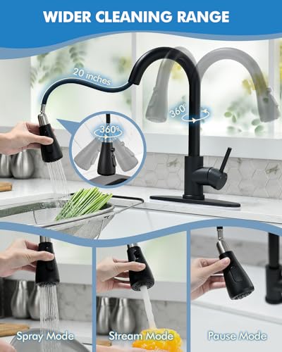 VFAUOSIT Kitchen Faucet with Pull Down Sprayer, Black, with Soap Dispenser | Deck Plate for 1–4-Hole Sinks, 3 Spray Modes, 20-Inch Hose, 360° Swivel, cUPC/CEC Certified, 15-Minute Install - color: Matte Black-05